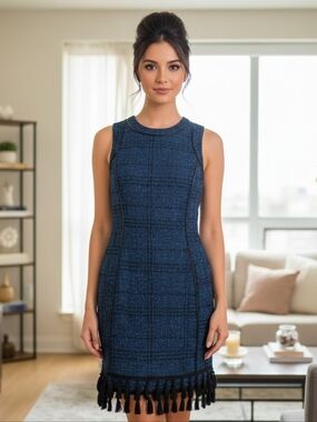 Adelyn Rae Midnight Sparkle Blue Fringe Tweed Dress — Size Small